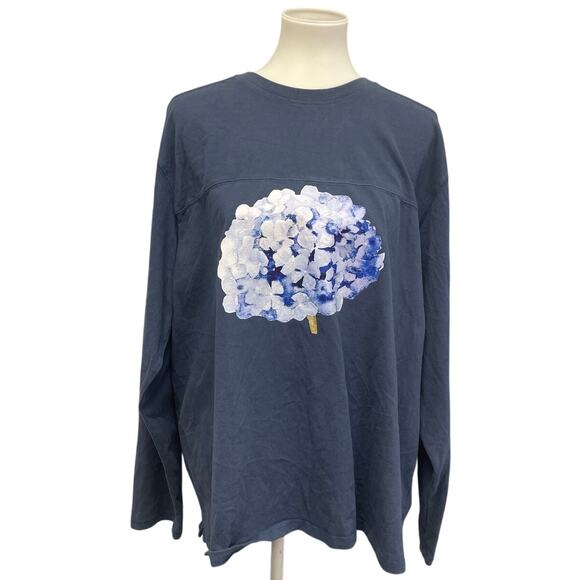 Hand Printed Upcycled Mens XXL Hydrangea Floral Long Sleeve Tee Shirt - Picture 1 of 4